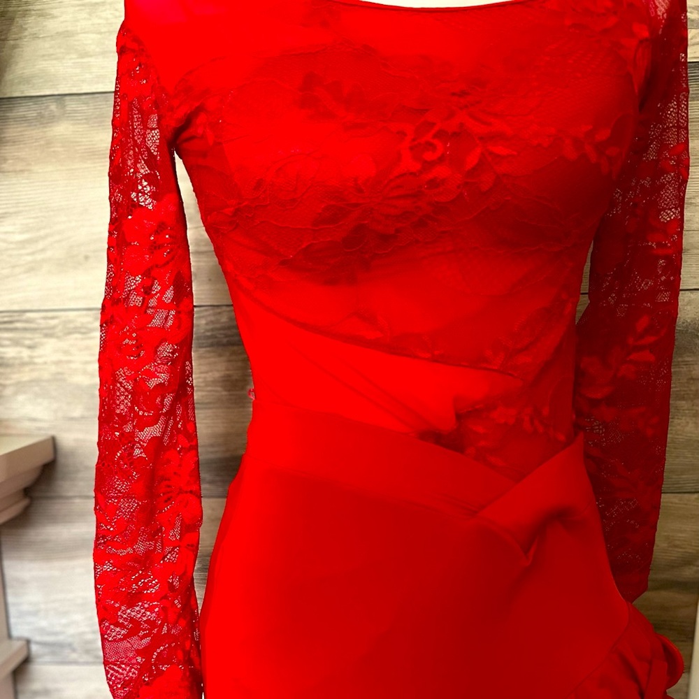 Women’s Red Salsa Dancing Performance Dress- Lace Leotard & ruffle skirt
